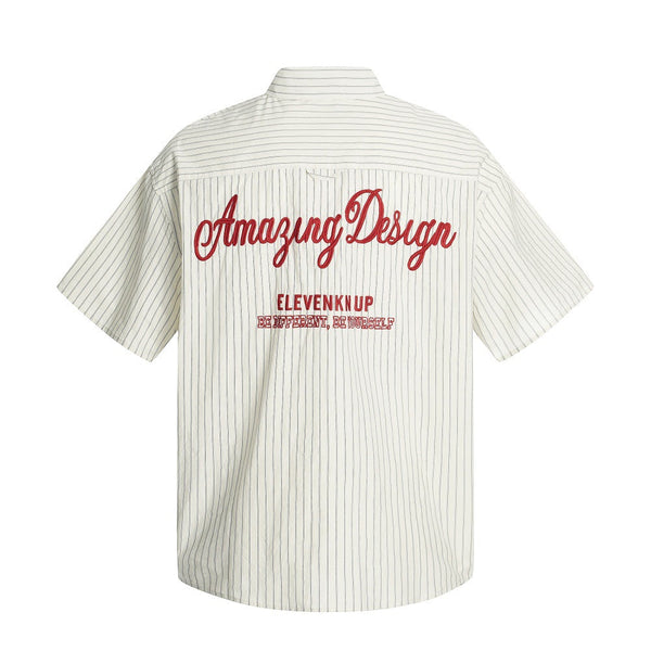 American Style Trendy Vertical Striped Embroidered Letter Short Sleeve Shirt Men's Loose Design Pockets Turn-Down Collar Shirt Summer