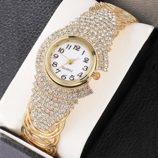 Fashion New Cross border Personality Trend Versatile Women's Diamond Bracelet Quartz Watch Necklace Ring Earring Set