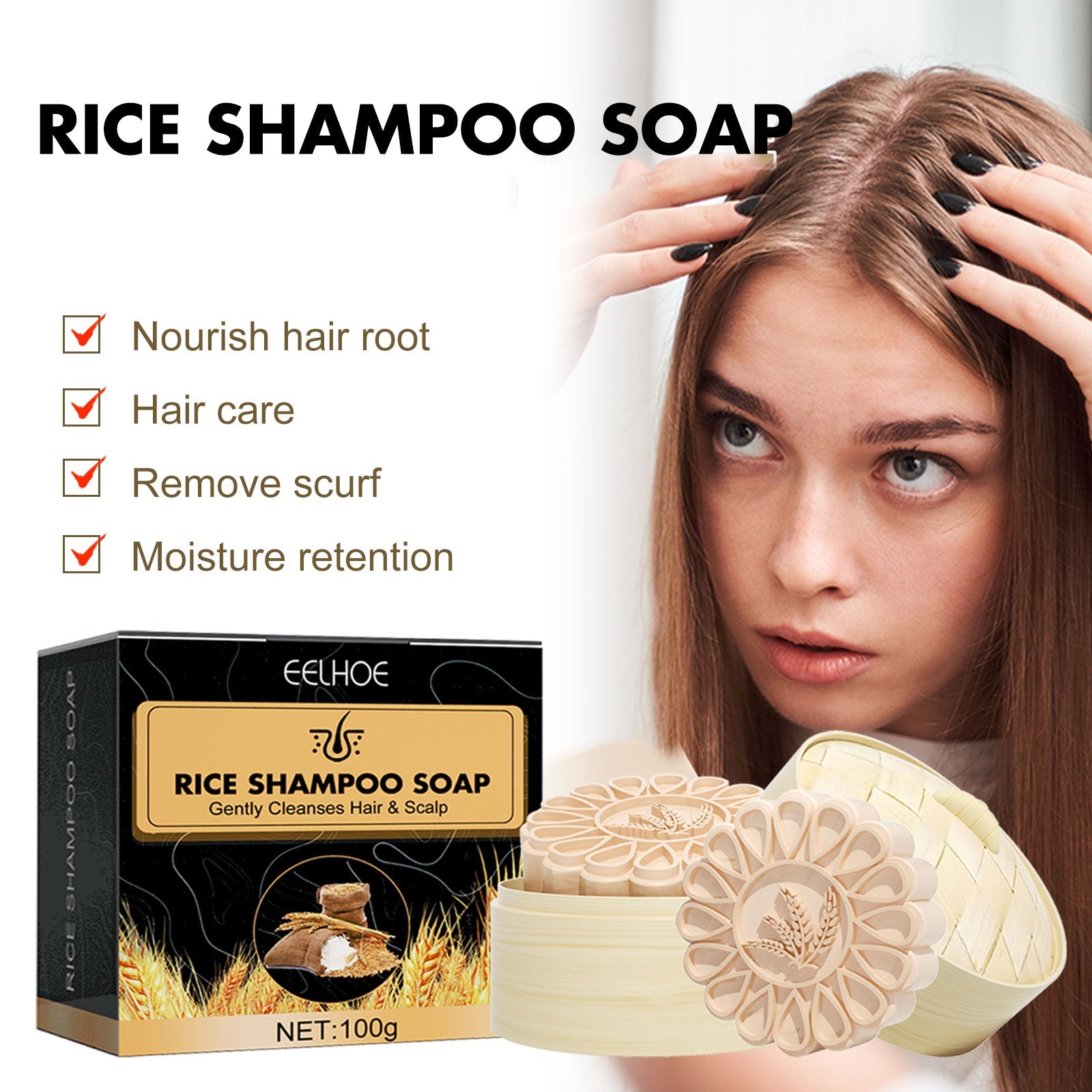 Rice Anti-Slip Shampoo Soap, Moisturizes Scalp Cleans Hair Repairs Damaged Hair And Strengthens Hair Shampoo Soap
