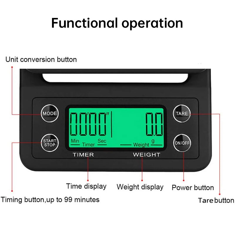 Digital kitchen coffee scale with timer, high - precision LCD, 5kg/0.1g