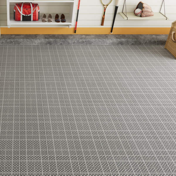Patterned floor tile with a grid design in a room setting.