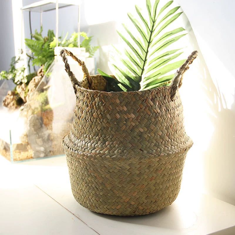 Scandinavian Style Wicker Handbasket Flower Pot Rattan Weave Plant Grass Woven Floor Folding Wicker Basket Weaving