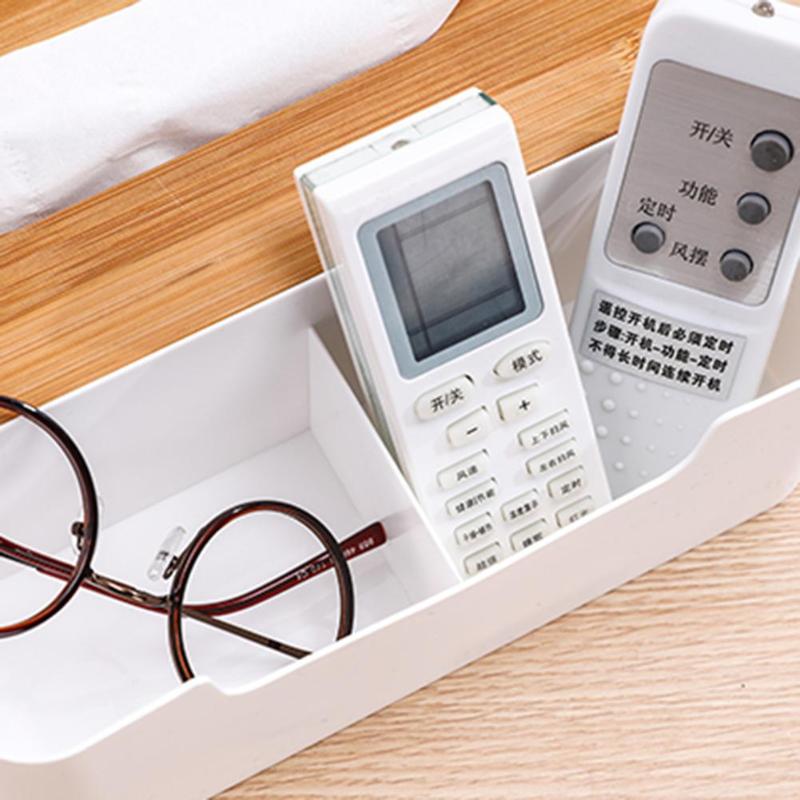 Multi-functional Plastic Tissue Box with Bamboo Wooden Cover Phone Slot Home Kitchen Napkin Case Holder Storage Decoration