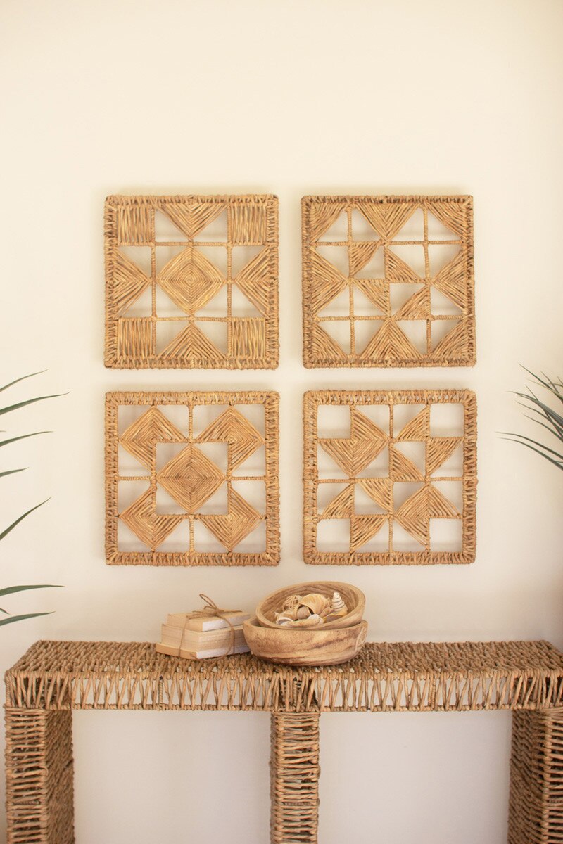SET OF FOUR SEAGRASS AND IRON QUILT PATTERN WALL ART