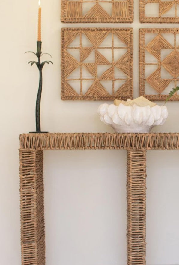 Woven Seagrass and Iron Console Table
