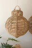 Woven rattan pendant light hanging against a neutral wall with a plant in the foreground.