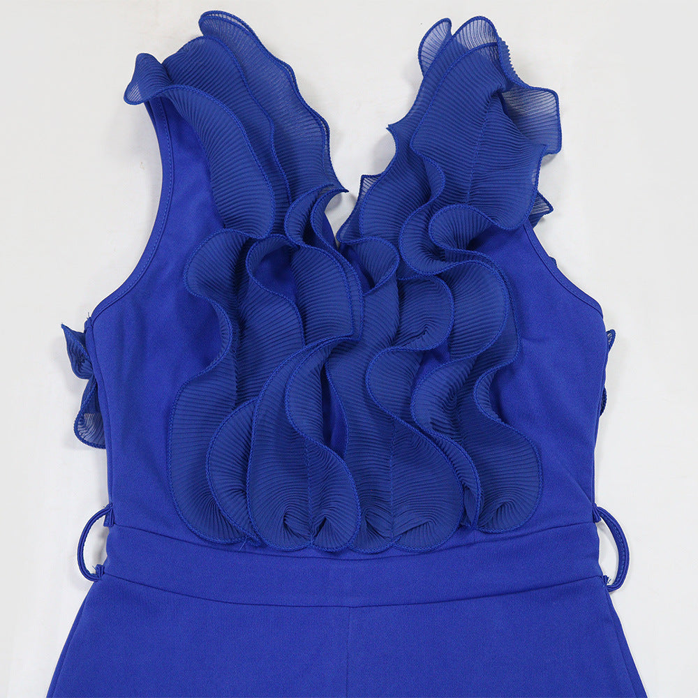 Sexy V-neck Backless Ruffle Tie-up Jumpsuit Casual Long Comfortable Fitted Women's Clothing