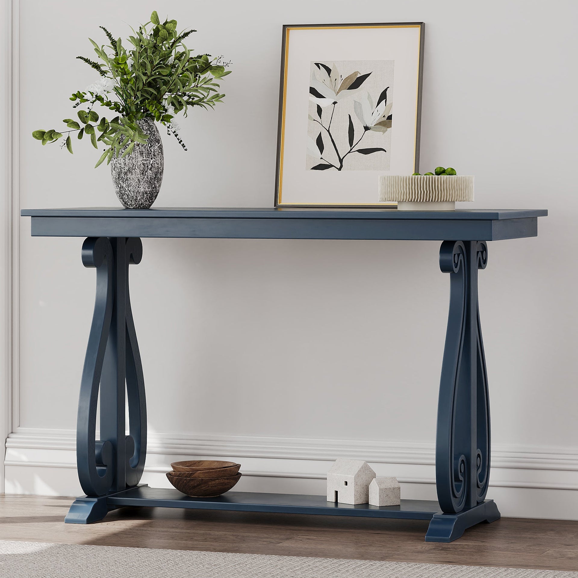 48-Inch Rustic Vintage Console Table --- Farmhouse Style Entryway Table with Open Shelf and Sturdy Construction (Navy)