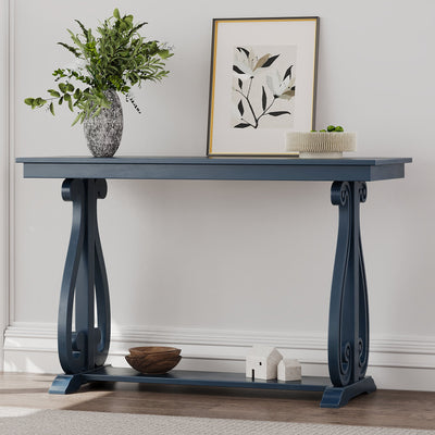 48-Inch Rustic Vintage Console Table --- Farmhouse Style Entryway Table with Open Shelf and Sturdy Construction (Navy)