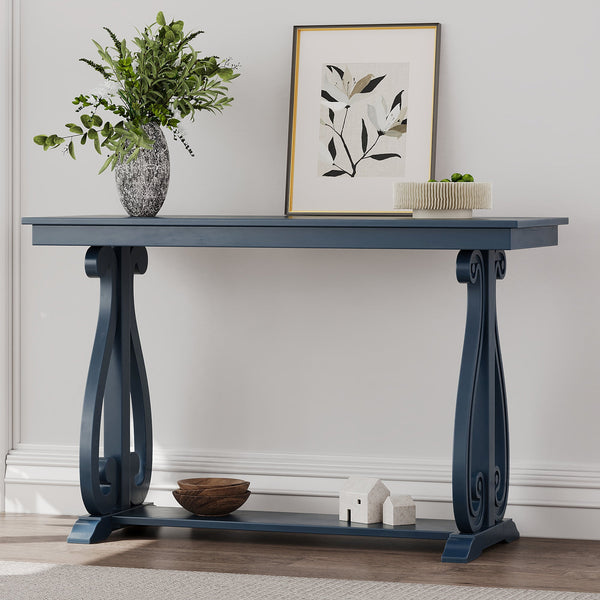 48-Inch Rustic Vintage Console Table --- Farmhouse Style Entryway Table with Open Shelf and Sturdy Construction (Navy)