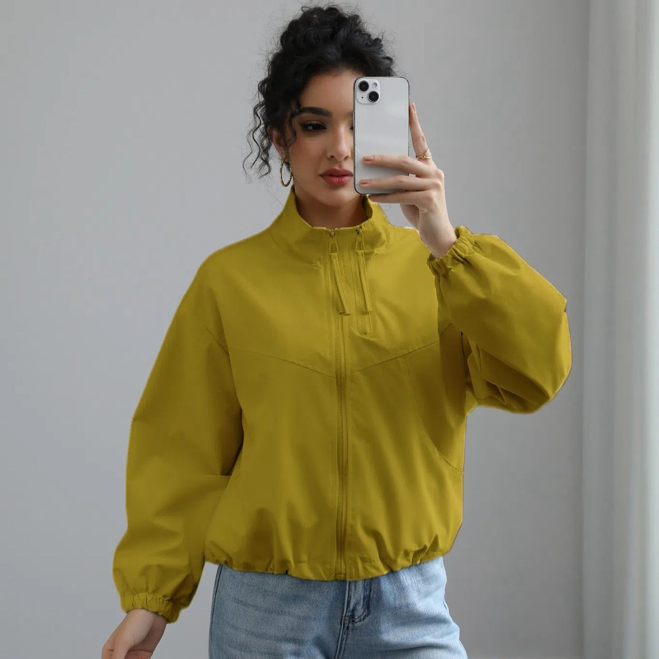 Fashionable Waterproof Short Jacket with Stand Collar for Women