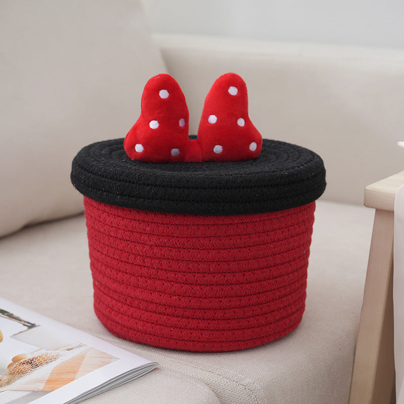 Cartoon cute home desktop sundries storage basket bedroom ornaments cotton rope storage basket with lid
