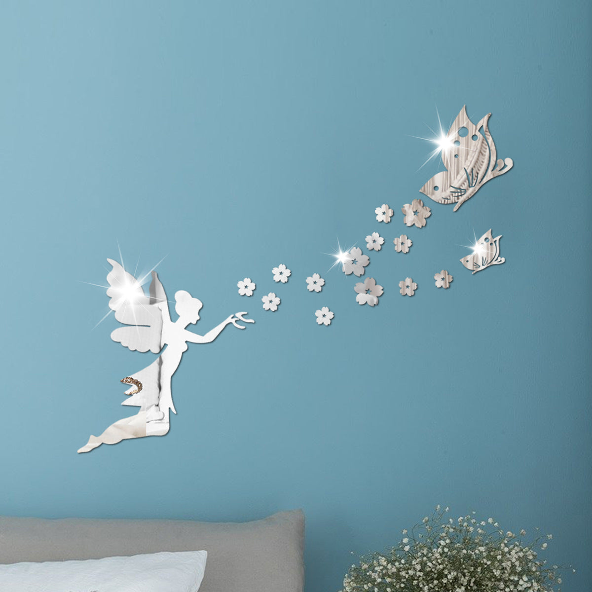 Angelic Flying Mirror Wall Stickers, Fairy Scattering Flowers Acrylic DIY Decorations for Living Room and Dining Room, New Arrival Butterfly and Flower Designs