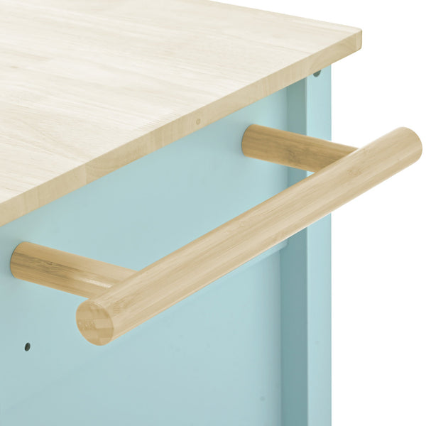 Kitchen Island Cart with 4 Door Cabinet and Two Drawers and 2 Locking Wheels - Solid Wood Top (Mint Green)