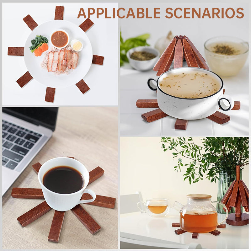A set of tree - shaped wooden items including 4 trivets for hot dishes, pots, and pans, along with 1 stand.