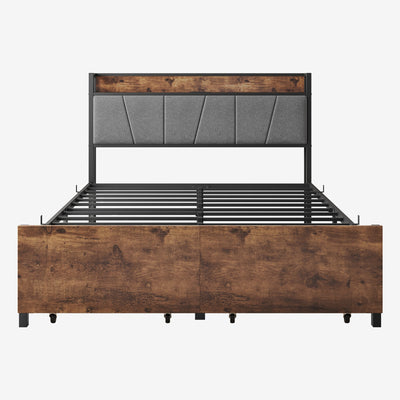 Full Size Bed Frame Storage Headboard with Charging Station and 2 Storage Drawers Vintage Brown and Gray