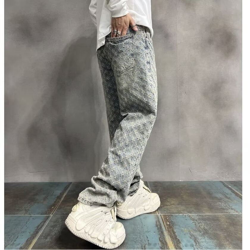 High Street Hip Hop Trousers, Trendy Brand Cool and Handsome Jacquard Full Print Jeans for Men, American Style Vibe Straight Leg Pants