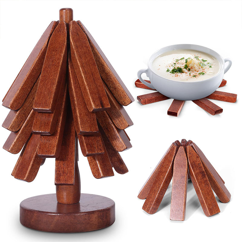 A set of tree - shaped wooden items including 4 trivets for hot dishes, pots, and pans, along with 1 stand.