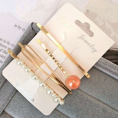 4PCS Korea Fashion Metal Hairpins Imitiation Pearl Colorful Beads Hair Clips for Women Irregular Geometric Hair Accessories