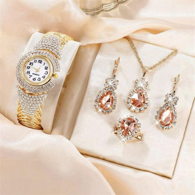 Fashion New Cross border Personality Trend Versatile Women's Diamond Bracelet Quartz Watch Necklace Ring Earring Set