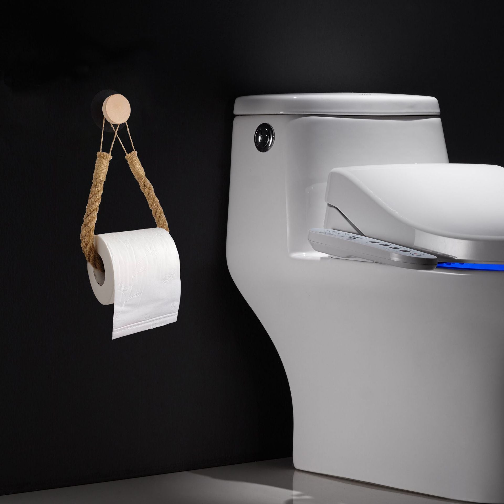 Wooden Hook Seamless Adhesive No Drilling Handmade Woven Hemp Rope Towel Rack Tissue Holder Bathroom Toilet