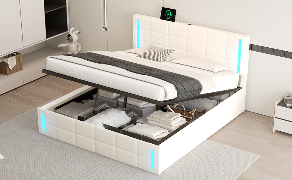 Queen Size Upholstered Bed with LED Lights,Hydraulic Storage System and USB Charging Station,White V.I.P Digital Presence