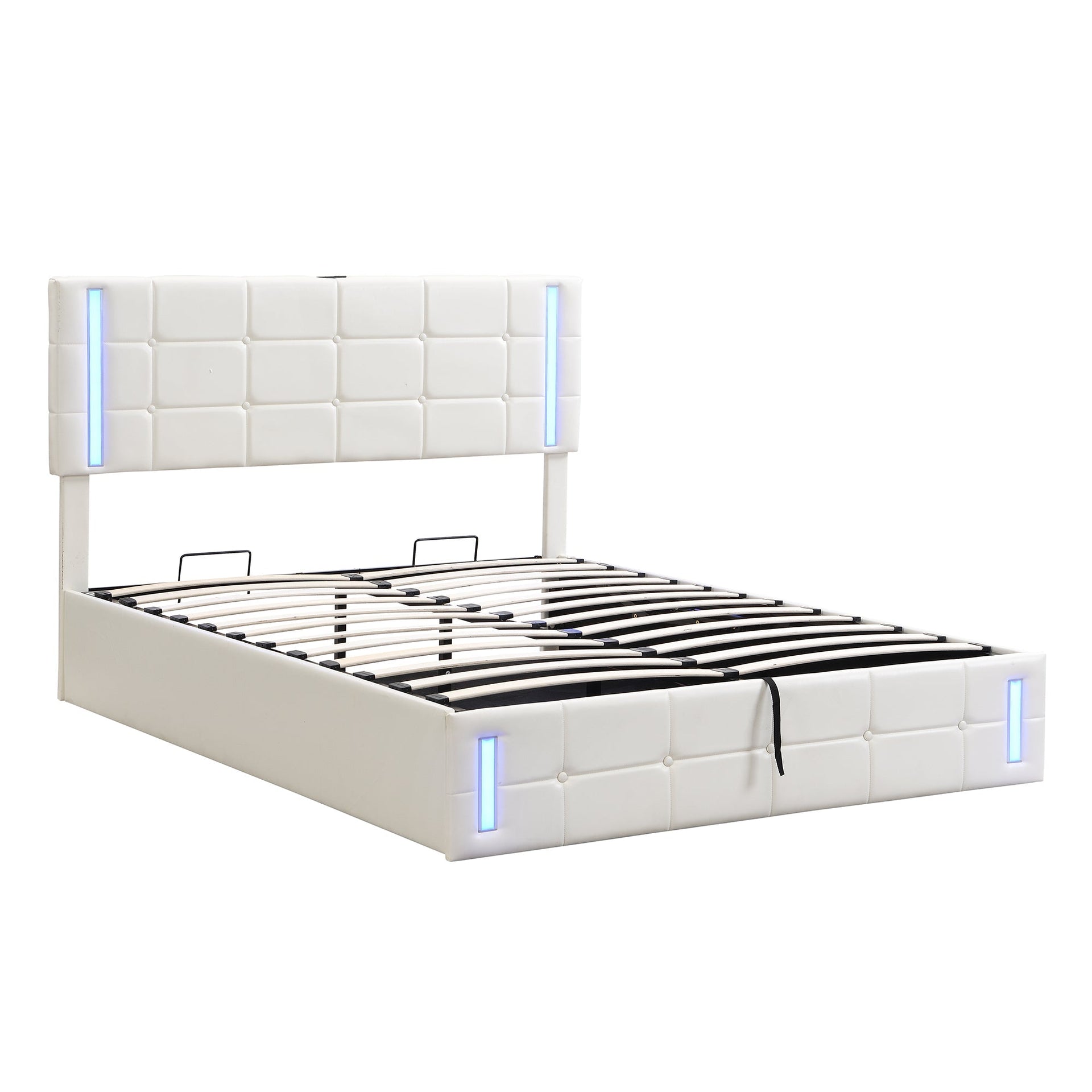Full Size Upholstered Bed with LED Lights,Hydraulic Storage System and USB Charging Station,White V.I.P Digital Presence