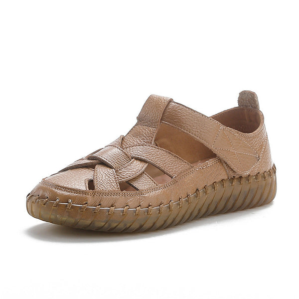 Leather perforated shoes with hollowed out toe caps for women soft soled non slip flat sandals for women