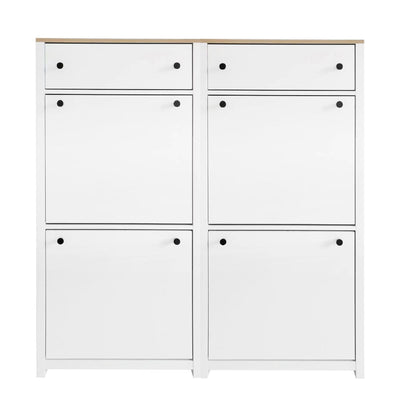 ONTREND ultra-thin shoe cabinet set with 4 flip drawers and adjustable panel top shoe rack, white