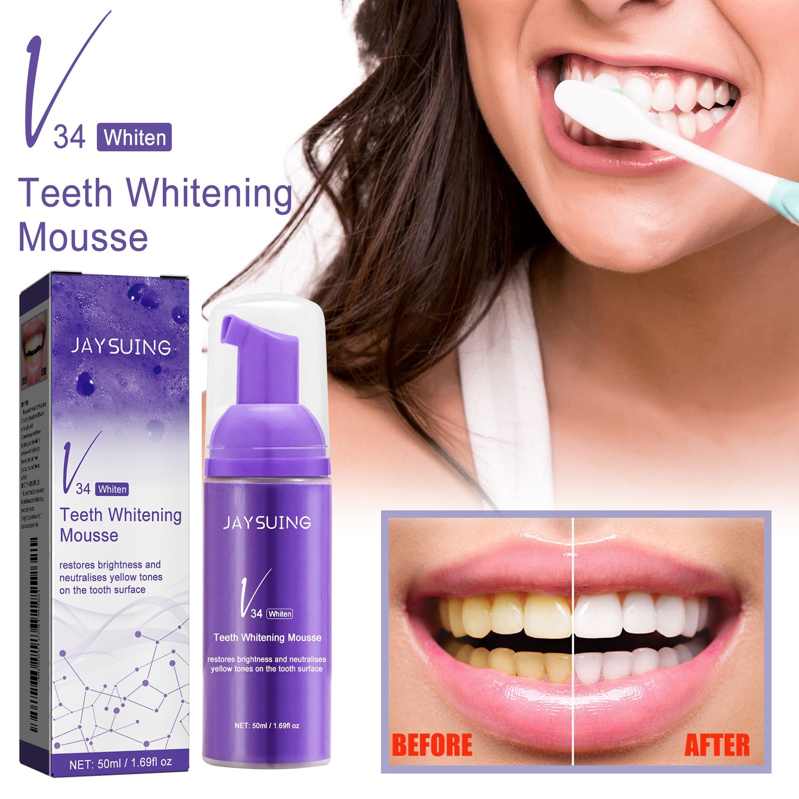 v34 Brightening Tooth Toothpaste, Whiten Teeth Correct Yellow Teeth Clean Stains Mouth Cleaning Toothpaste