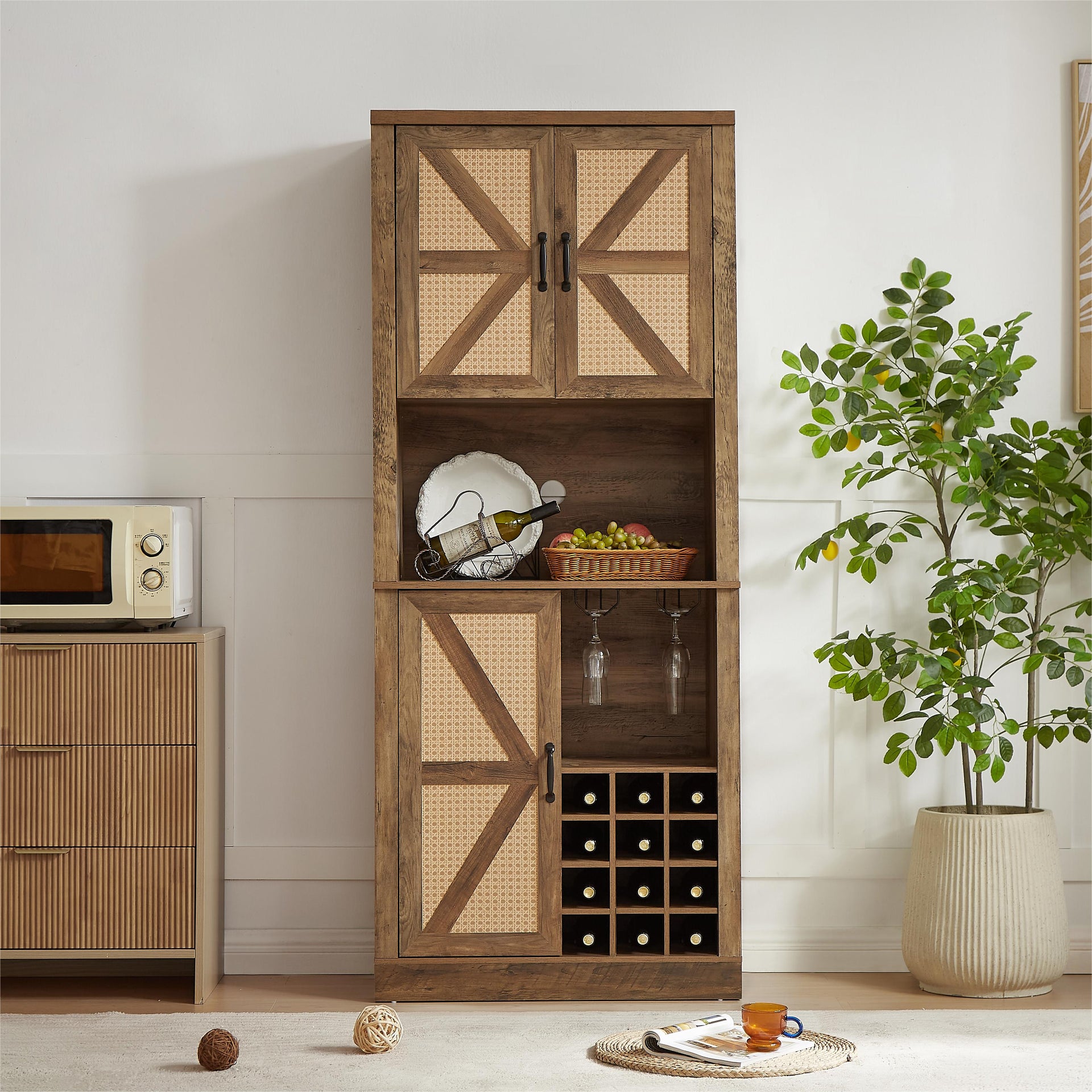 76-Inch Tall Rustic Oak Color Farmhouse Kitchen Faux Rattan Wine Cabinet, Kitchen Bar Cabinet with Square Compartments