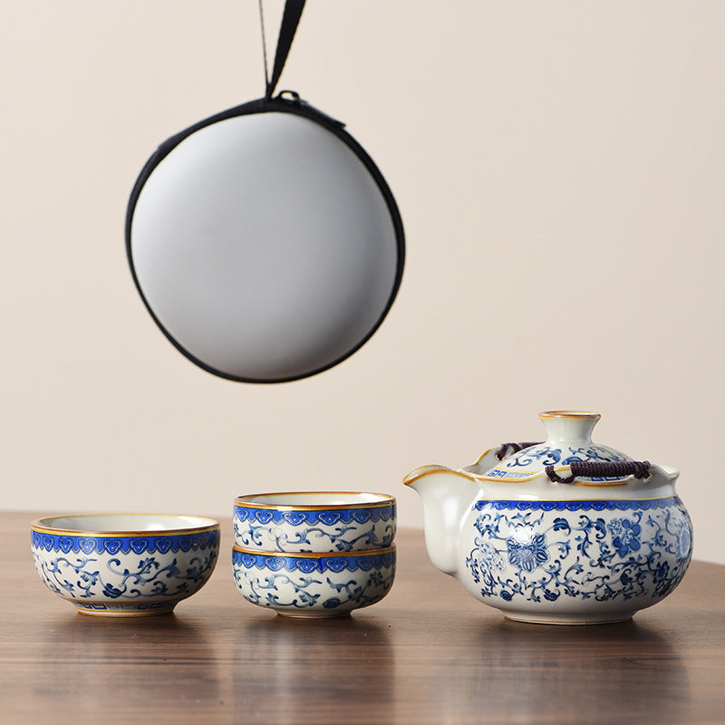 Blue and white beige Ru kiln travel tea set one pot three cups outdoor portable entwined lotus ceramic retro teapot