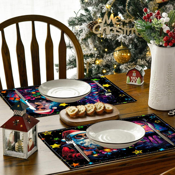 Christmas table mat with white linen starry sky and Santa Claus print