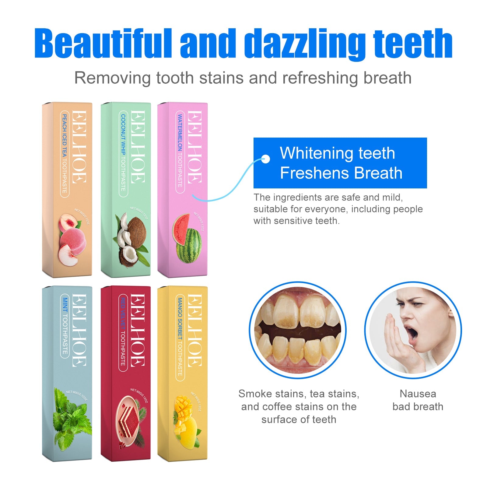 Fruity White Toothpaste Series, Clean Tooth Stains Fresh Breath White Tooth Care Toothpaste