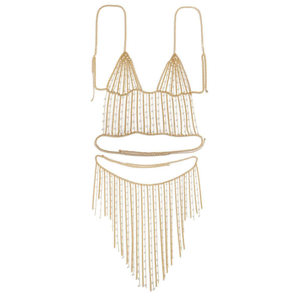 Fashionable electroplated metal aluminum chain geometric set clothing with simple tassel imitation pearl waist chain