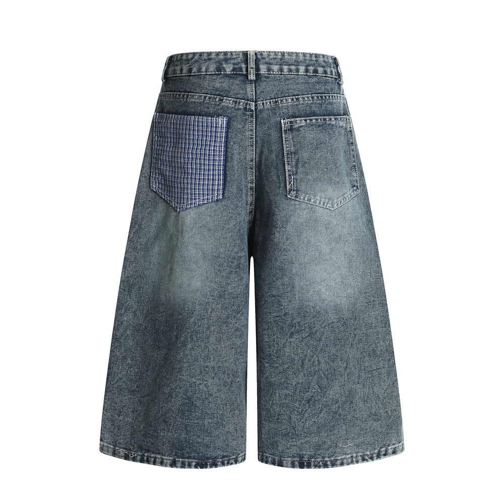 Punk Washed Distressed Denim Shorts Men's Summer Plaid Belted Contrast Pocket Loose Wide-Leg Three-Quarter Pants