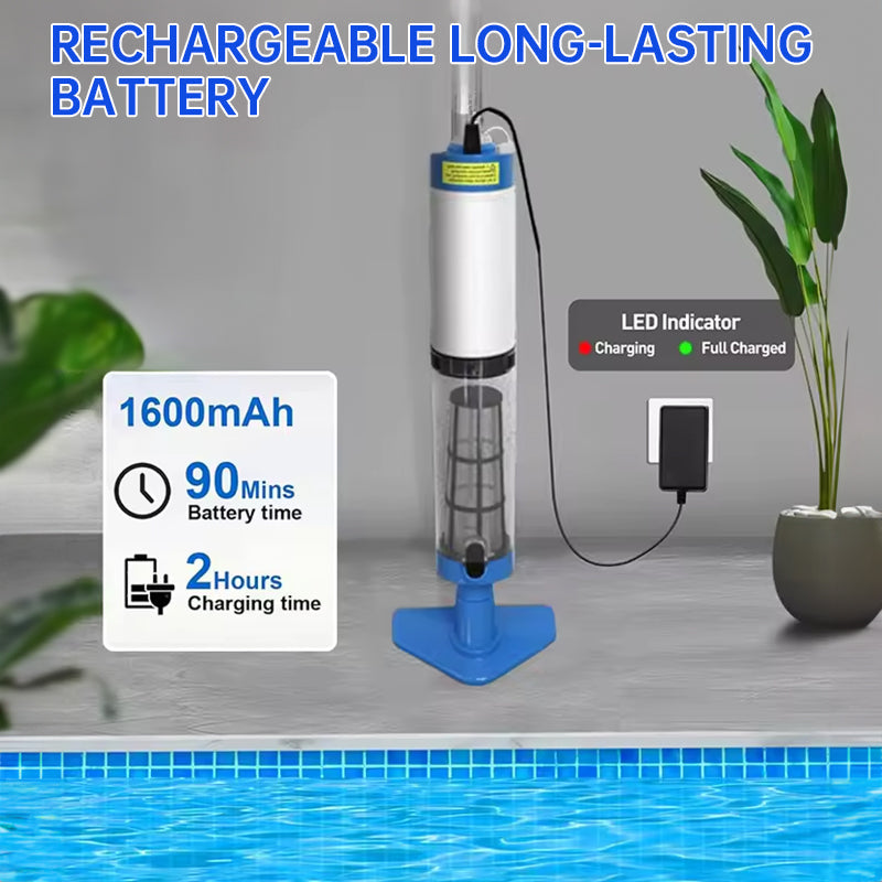 Rechargeable hand pool vacuum for spas/hot tubs/small pools, with auto immersion detector & bristle nozzle.