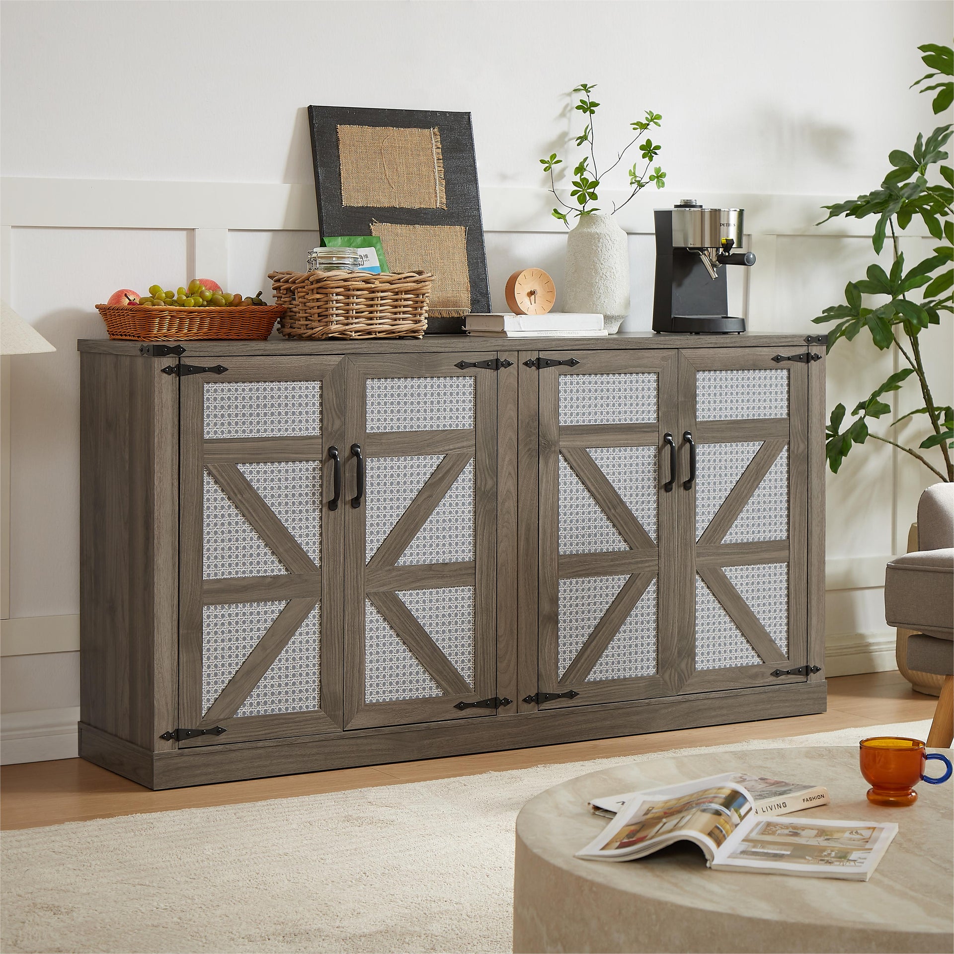 65-Inch Slate Gray Faux Rattan Sideboard with Barn Doors Rustic Sideboard, 4-Door Storage for Living Room, Entryway, Bedroom