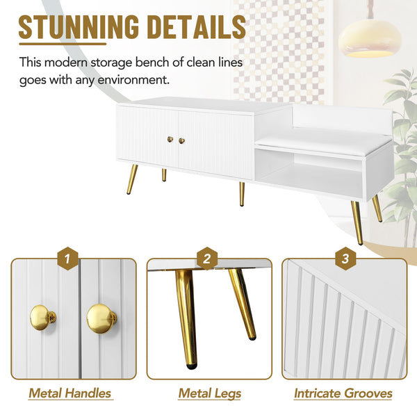 Modern Shoe Storage Bench with Hidden Storage and Upholstered Cushions for Bedside, Living Room and Entryway (White)