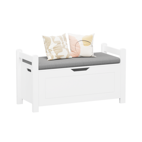 A white rubber wood children's toy box with soft cushioned seats, stools, flip covers, and safety hinges for toy storage