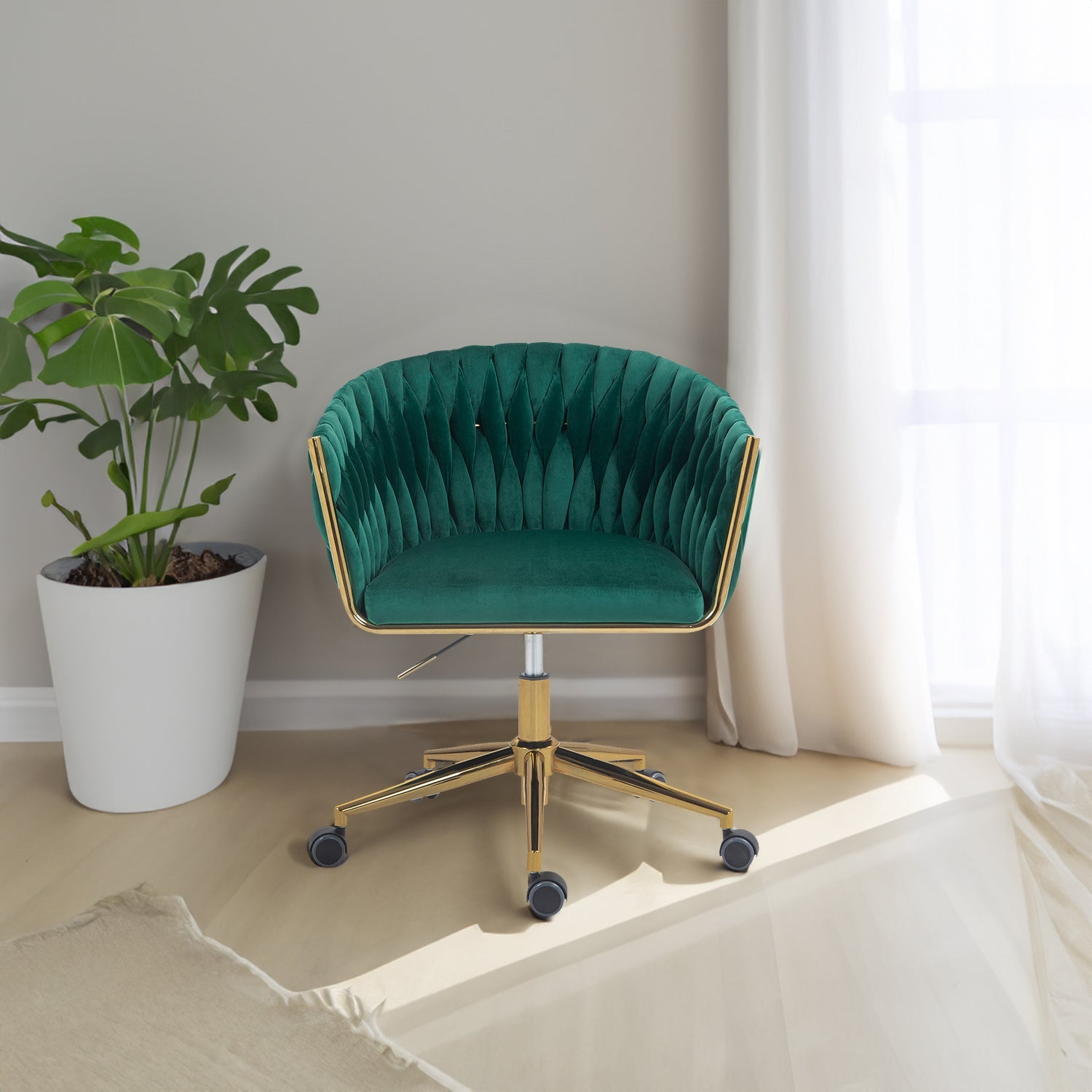 Modern design with wheels and a hand woven dressing chair with adjustable 360 ° rotation height (green)