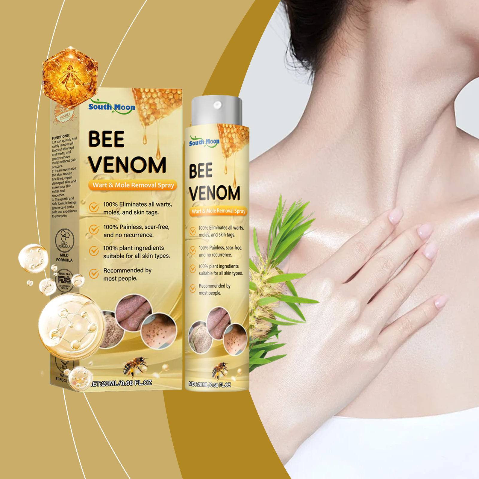 Bee Venom Wart & Mole Removal Spray, Gentle Cleansing Skin Moisturizing Moisturizing Smooth Skin Care