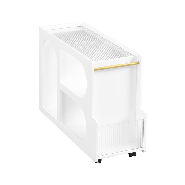 Stylish mobile desk with lockable wheels, white bedside table with 5mm thick grooved tempered glass and gold round bars