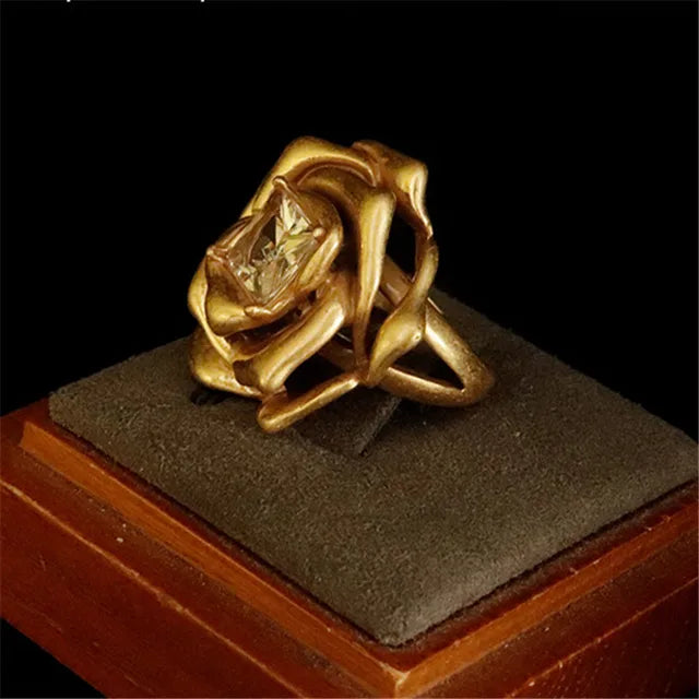 Brass Gold Color Metal Rose Flower Stud Earrings Geometry Zircon Shiny for Women Girls Jewelry Gifts Europe and America