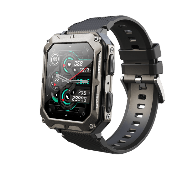 Smartwatch with a black strap and orange accents on a white background