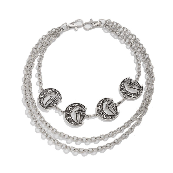 Punk style Moon Teeth Mushroom Cross Chain Pants Chain Street Fashion Multi layer Alloy Waist Chain