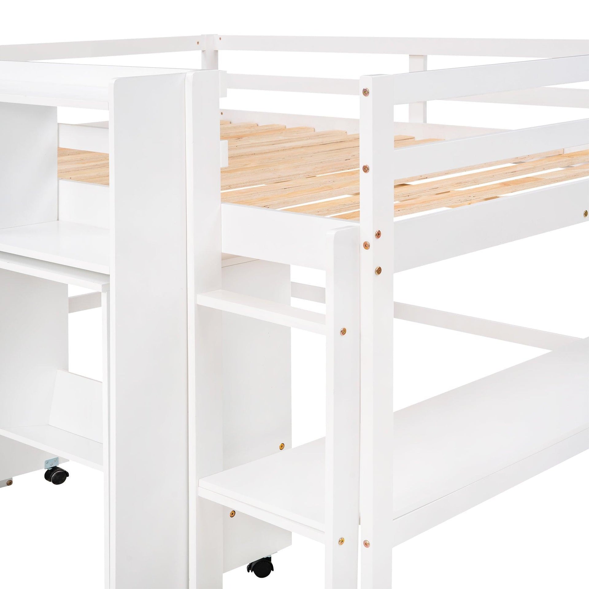 Full Size Low Loft Bed with Rolling Portable Desk, Drawers and Shelves, White