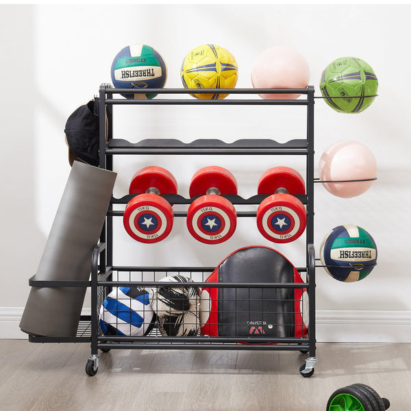 Four layer metal storage rack, large ball storage rack with rollers, baskets, and hooks
