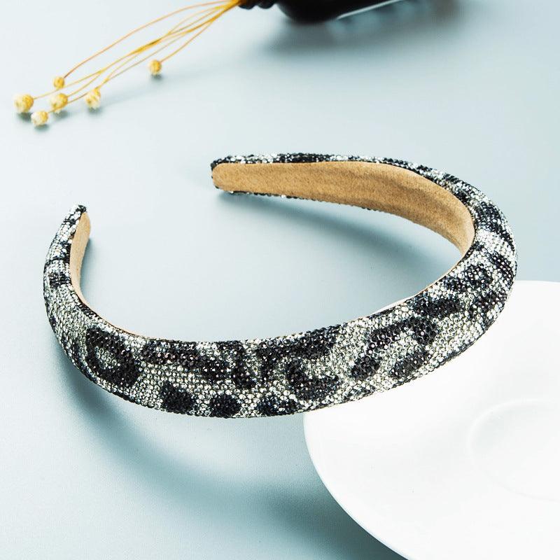 Hair Hoop Retro Baroque Starry Rhinestone Sponge Head Hoop Personality Wide-Brimmed Leopard Print Banquet Headwear Hairpin