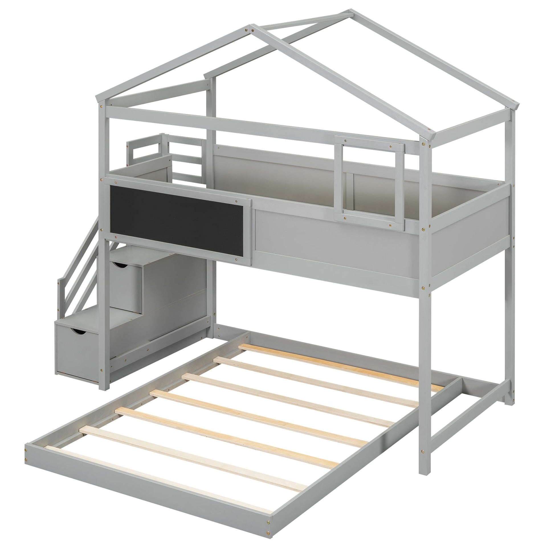 Twin over Full House Bunk Bed with Storage Staircase and Blackboard Gray